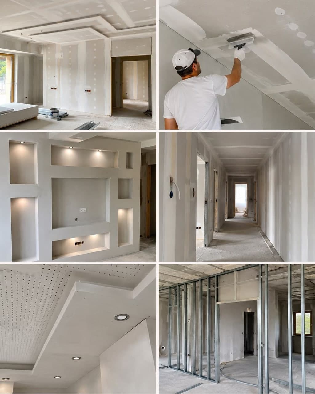 Trockenbauarbeiten von Nitu-Ausbau: abgehängte Decken, Nischenwand mit Beleuchtung, Spachtelarbeiten und Metallständerwerk